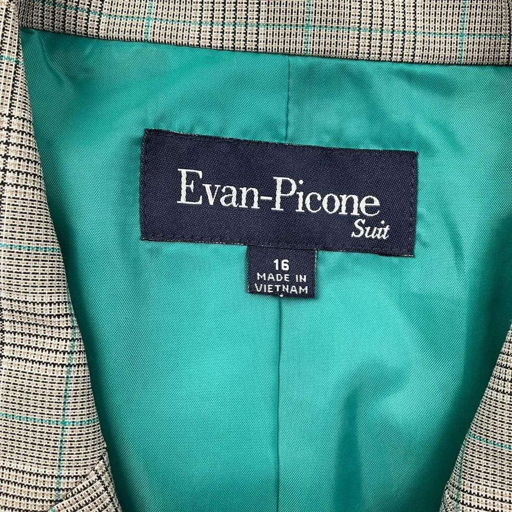 Evan Picone Skirt Suit Womens 16 Beige Turquoise Glen Plaid 2 pc Business Office